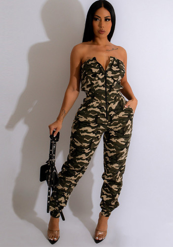 Women'S Clothes Camouflage Zipper Strapless Casual Jumpsuit