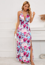 Sexy bedrucktes Neckholder-Kleid mit tiefem V-Ausschnitt, Sommer-Maxikleid