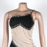 Sexy Pearl Beaded See-Through Mesh Patchwork Long Evening Dress