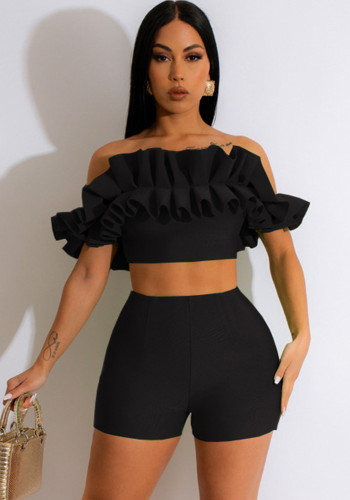 Women'S Fashion Casual Solid Color Ruched Strapless Off Shoulder Top Zipper Sexy Fit Two-Piece Shorts Set