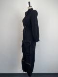 Women'S Slim Waist Metal Zipper Long Sleeve Casual Cargo Jumpsuit