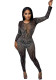 Fashion Women's Mesh Beaded V-Neck Long Sleeve Party Jumpsuit