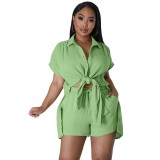 Women'S Summer Casual Solid Color Slit Short Sleeve Shirt Shorts Two Piece Set