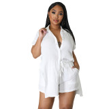 Women'S Summer Casual Solid Color Slit Short Sleeve Shirt Shorts Two Piece Set
