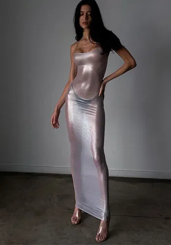 Women'S Spring Summer Style Nightclub Fashion Sexy See-Through Slim Strap Long Dress