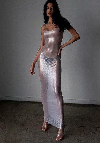 Kadın İlkbahar Yaz Tarzı Gece Kulübü Modası Seksi Transparan İnce Askılı Uzun Elbise
