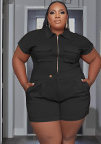 Plus Size Women Solid Zipper Turndown Collar Pocket Top und Short Two-Piece Set