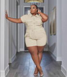 Plus Size Women Solid Zipper Turndown Collar Pocket Top and Short Two-Piece Set
