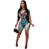 Women Tie Dye Print Round Neck Short Sleeve Top and Short Two-Piece Set