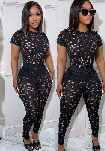 Women Stretch Ripped Round Neck Solid Top and Pant Two-Piece Set