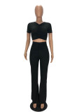 WomenPleat Short Sleeve Crop Top and Bell Bottom Pant Two-Piece Set