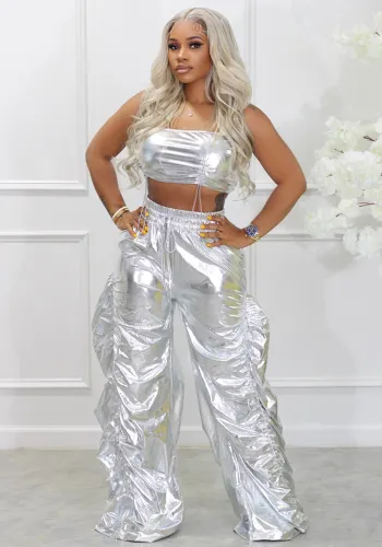 Women Fashion Shiny Street Hip Hop Crop Top and Pant Two-Piece Set