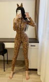 Ladies pu Leather Zipper Leopard Jumpsuit Sexy Lingerie