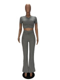 WomenPleat Short Sleeve Crop Top and Bell Bottom Pant Two-Piece Set