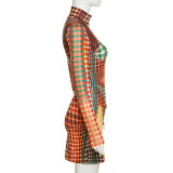 Spring Women's Sexy High Neck Zipper Digital Printing High Waist Tight Fitting Bodycon Dress