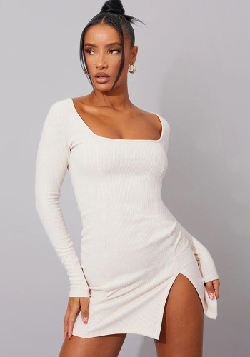 bainha fenda canelada gola quadrada manga longa vestido sexy justo