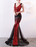 Long deep v sequined mermaid host performance nightclub party dress annual meeting Formal Party car model evening dress