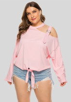 Plus Size Women's Clothing Fat Size mm Summer Shoulder Strap Decoration Solid Color Top Bow Knot Long Sleeve Slash Shoulder T-Shirt