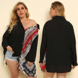 Plus Size Women's Spring Autumn Ethnic Print Patchwork Loose Long Sleeve Sexy Shirt