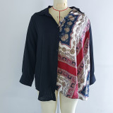 Plus Size Women's Spring Autumn Ethnic Print Patchwork Loose Long Sleeve Sexy Shirt