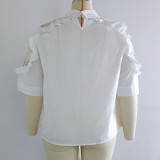 Spring Summer Plus Size Women's Chic Turndown Collar See-Through Embroidered Patchwork Ruffle Edge Half-Sleeve Shirt