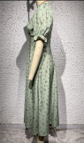 Women's Spring Summer Elegant Breasted Mid-Length V-Neck Balloon Sleeve Printed Dress