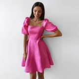 Spring Summer Solid Color Short Sleeve Square Neck Fairy Dress