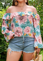 Spring Summer Sexy Print Ruffle Off Shoulder Plus Size Blouse Top