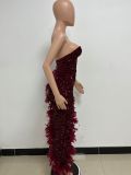 Women Sexy Off Shoulder Backless Sequin Feather Dress