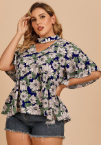Plus Size Women's Summer Chic Career Top Halter Neck Ruffle Sleeve Floral Shirt Women