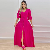 Women's Spring Summer Style Single Breasted Chic Slim Bearded V-Neck A-Line Shirt Dress