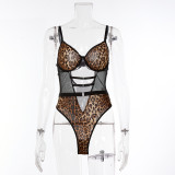 Nightclub Leopard Print See-Through Sexy Hollow Sexy Lingerie Jumpsuit for Women