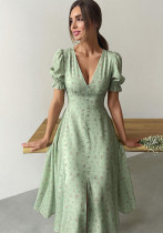 Elegantes, mittellanges Kleid mit Ballonärmeln und V-Ausschnitt für Damen, Frühling und Sommer