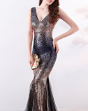 Long deep v sequined mermaid host performance nightclub party dress annual meeting Formal Party car model evening dress