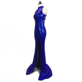 Slit Long Halter Neck Sequined Fishtail Slim Evening Dress Nightclub Sexy Formal Party Dress