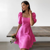 Spring Summer Solid Color Short Sleeve Square Neck Fairy Dress