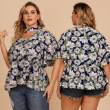 Plus Size Women's Summer Chic Career Top Halter Neck Ruffle Sleeve Floral Shirt Women