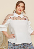 Camisa de media manga con borde de volantes y retales bordados transparentes con cuello vuelto elegante para mujer de talla grande para primavera y verano