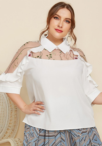 Camisa feminina primavera verão plus size chique com gola redonda transparente bordada patchwork babado borda de meia manga