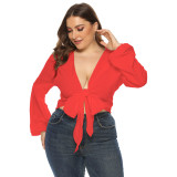 Spring Summer Plus Size Mm Ladies Style Short Strapless Solid Color Long Sleeve Sexy Blouse