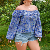 Spring Summer Sexy Print Ruffle Off Shoulder Plus Size Blouse Top