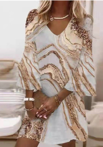 Fashion Print V-Ausschnitt Rüschen Gold Marmor Kleid, Sommerkleid mit halben Ärmeln
