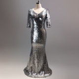 Solid color sequin long slim elegant prom dress Formal Party long evening dress