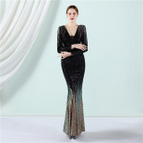 Sexy long sequins Long Sleeve Plus Size Beauty Formal Party Evening Dress