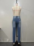 Trendy Midi Waist Jeans Letter print ripped Cutout Denim Pants