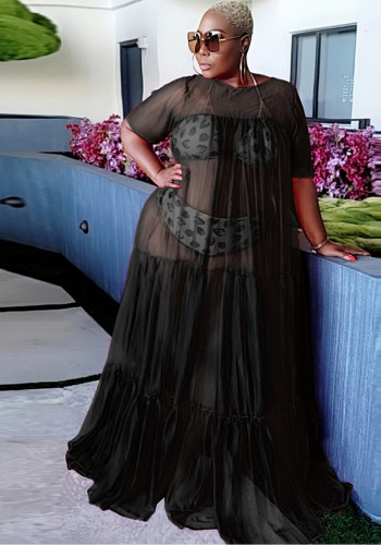 Sexy, schlankes, durchsichtiges Mesh-Kleid mit Rundhalsausschnitt und Clubwear in Übergröße
