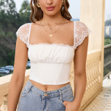 Sexy lace top women's square neck Low Back pleated crop short t-shirt top women