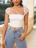 Sexy lace top women's square neck Low Back pleated crop short t-shirt top women