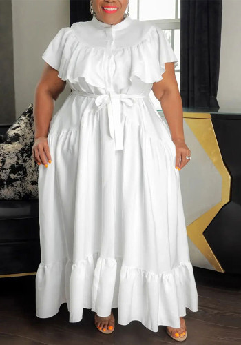 Sexy Solid Color Ruffled Short Sleeve Button Plus Size Dress Maxi Dress