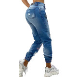 Trendy Midi Waist Jeans Letter print ripped Cutout Denim Pants
